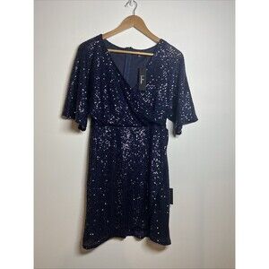 Lulus Navy Blue Sequin Short Sleeve Dress Medium NWT‎